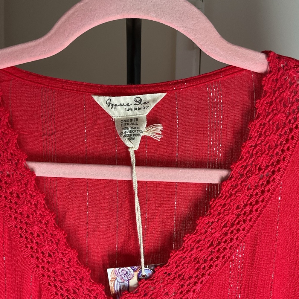 Gypsie Blu Red Rayon Kaftan Maxi Dress OS Plus Lurex Stripe Boho Vacation - Picture 5 of 7
